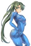  1girl blush bodysuit breasts cosplay fire_emblem fire_emblem:_rekka_no_ken green_eyes green_hair high_ponytail long_hair lyndis_(fire_emblem) metroid ponytail samus_aran samus_aran_(cosplay) shinon_(tokage_shuryou) simple_background solo white_background zero_suit 