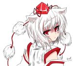  1girl :&lt; animal_ears bare_shoulders blush detached_sleeves hat inubashiri_momiji looking_at_viewer looking_over_shoulder pom_pom_(clothes) red_eyes short_hair silver_hair solo tokin_hat touhou unhappy wolf_ears 