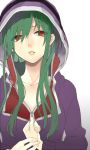  1girl green_hair hoodie hoshi_ataru kagerou_project kido_tsubomi long_hair red_eyes solo unzipping 