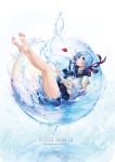  1girl artist_name barefoot bottle_miku feet fish hair_ribbon harunohotaru hatsune_miku liquid_hair long_hair ribbon school_uniform serafuku skirt solo very_long_hair vocaloid water 