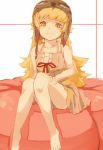  1girl bakemonogatari bare_arms bare_legs bare_shoulders barefoot blonde_hair dress goggles_on_hat hat helmet long_hair looking_at_viewer monogatari_(series) oshino_shinobu sitting slit_pupils solo very_long_hair white_dress yellow_eyes yoss_3 