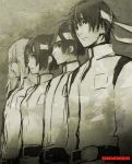  2boys 2girls black_hair copyright_name headband hoshijiro_shizuka kunato_norio military military_uniform monochrome multiple_boys multiple_girls shinatose_izana sidonia_no_kishi sio_1234 tanikaze_nagate uniform white_hair 