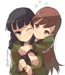  2girls :t ;t artist_name bangs black_eyes black_hair blunt_bangs brown_eyes brown_hair clenched_hands couple eight_tohyama green_clothes green_shirt heart hime_cut hug hug_from_behind kantai_collection kitakami_(kantai_collection) long_hair looking_at_another multiple_girls nuzzle ooi_(kantai_collection) payot personification school_uniform serafuku signature simple_background smile twitter_username white_background yuri 