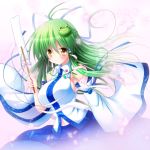  1girl blush breasts detached_sleeves frog_hair_ornament gohei green_hair hair_ornament kochiya_sanae large_breasts long_hair navel osashin_(osada) sideboob skirt smile snake_hair_ornament solo touhou yellow_eyes 