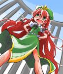  1girl bow braid china_dress chinese_clothes commentary_request gate green_eyes hair_bow hands_on_hips hat highres hong_meiling long_hair open_mouth puffy_sleeves redhead shinapuu shirt short_sleeves side_slit smile solo star touhou twin_braids very_long_hair 