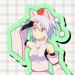  1girl animal_ears cato_(monocatienus) checkered checkered_background detached_sleeves hand_on_forehead hat inubashiri_momiji looking_afar red_eyes short_hair solo tokin_hat touhou white_hair wolf_ears 
