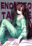  1girl aki663 bandaid barefoot black_hair character_name enomoto_takane hospital_gown kagerou_project long_hair red_eyes twintails 