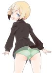  1girl :d blonde_hair blue_eyes erica_hartmann highres jacket open_mouth panties simple_background smile solo strike_witches tail tsukasa_takashi underwear white_background 