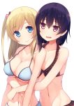  2girls bare_shoulders bikini black_hair blonde_hair blue_eyes blush breasts cleavage large_breasts long_hair looking_at_viewer multiple_girls navel open_mouth original short_hair side_ponytail simple_background siva_(executor) smile swimsuit violet_eyes white_background 