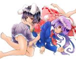  2girls animal_ears arm_rest barefoot black_hair bunny_tail carrot_necklace dress extra_ears fang hidamari_(artist) highres inaba_tewi lavender_hair long_hair long_sleeves looking_at_viewer lying lying_on_person multiple_girls necktie on_side parted_lips pink_dress pleated_skirt rabbit_ears red_eyes reisen_udongein_inaba short_hair short_sleeves simple_background skirt suit_jacket tail touhou white_background 
