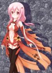  1girl bare_shoulders black_legwear blush breasts center_opening cleavage detached_sleeves fingerless_gloves gloves guilty_crown hair_ornament hairclip highres long_hair looking_at_viewer navel open_mouth pink_hair red_eyes solo thigh-highs twintails yuzuriha_inori 