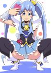  1girl black_legwear blue_eyes blue_hair blue_skirt blush_stickers boots cellphone crown cure_princess happinesscharge_precure! heart highres long_hair looking_at_viewer magical_girl panties phone precure shirayuki_hime skirt solo squatting striped striped_panties thigh-highs twintails umayahara0130 underwear 