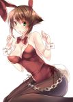  1girl animal_ears blush bowtie breasts brown_hair bunny_girl bunny_tail bunnysuit chain cleavage detached_collar green_eyes hands_up kantai_collection mutsu_(kantai_collection) open_mouth pantyhose rabbit_ears short_hair simple_background solo tail type_(artist) white_background wrist_cuffs 
