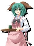  1girl alternate_costume animal_ears apron bow commentary cup green_eyes green_hair highres kasodani_kyouko open_mouth rappa_(rappaya) shirt short_hair smile solo teacup touhou tray 