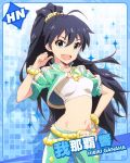  &gt;:d 1girl :d aqua_eyes belt black_hair blue_background bracelet character_name fang ganaha_hibiki hand_on_hip idolmaster idolmaster_million_live! jewelry long_hair looking_at_viewer midriff navel official_art open_mouth pointing pointing_at_self ponytail smile 