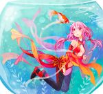  1girl bare_shoulders black_legwear breasts center_opening cleavage detached_sleeves fingerless_gloves fish gloves guilty_crown hair_ornament hairclip iaki_mochiko koi long_hair navel pink_hair red_eyes solo thigh-highs twintails underwater yuzuriha_inori 