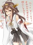  1girl ahoge akisyuuno bare_shoulders brown_hair detached_sleeves english fang hair_bun hair_ornament hairband headgear japanese_clothes kantai_collection kongou_(kantai_collection) laughing leaning_forward long_hair looking_at_viewer nontraditional_miko open_mouth personification pink_eyes ribbon-trimmed_sleeves ribbon_trim shaded_face shrug skirt solo thigh-highs translated troll_face wide_sleeves 