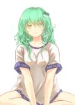  1girl collarbone frog_hair_ornament green_eyes green_hair hair_ornament indian_style kochiya_sanae looking_at_viewer naked_shirt rough simple_background sitting snake_hair_ornament solo touhou white_background x&amp;x&amp;x 