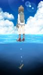  1girl blue_sky brown_hair cannon clouds dress hat highres horns kantai_collection machinery short_hair sky solo standing_on_water tsukamoto_minori water white_dress yukikaze_(kantai_collection) 