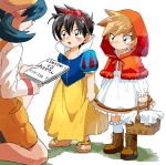  1girl 2boys carrying child crossdressinging crystal_(pokemon) disney height_difference little_red_riding_hood_(cosplay) mfmss65 multiple_boys nintendo ookido_green pokemon pokemon_special red_(pokemon) snow_white_(cosplay) trap 