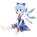  1girl barefoot blue_dress blue_eyes blue_hair blush bow cirno dress hair_bow hakobako ice open_mouth ribbon shirt short_hair simple_background solo touhou v_arms white_background wings 