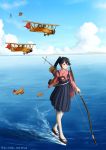  1girl airplane arrow biplane black_hair bow clouds dated fairy_(kantai_collection) goggles helmet highres houshou_(kantai_collection) japanese_clothes kama_iruka kantai_collection ocean pilot ponytail sandals sky smile traditional_clothes wake waves 