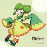 1girl 2014 blue_eyes blush character_name copyright_name dated double_bun dress green_background green_hair horns overalls payot pointy_ears polka_dot polka_dot_background puyopuyo puyopuyo_fever rider_(puyopuyo) rii_(metro_electro) shoes short_hair sleeves_past_wrists smile solo yellow_dress 