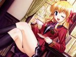  1girl ;d bekkankou black_legwear blazer blonde_hair blue_eyes blush bow crossed_legs cup fortune_arterial hair_bow highres indoors kneehighs lace-trimmed_skirt long_hair long_sleeves open_mouth sendou_erika sitting skirt smile socks solo teacup wink 