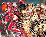  1boy 1girl all_you_need_is_kill axe black_hair copyright_name gloves highres obata_takeshi open_mouth orange_eyes orange_hair short_hair skin_tight source_request spikes tagme weapon 