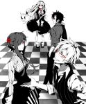  2boys 2girls black_hair dress glasses kagerou_project kano_shuuya kido_tsubomi kozakura_mary long_hair monochrome multiple_boys multiple_girls seto_kousuke short_hair wonoco0916 