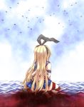  1girl airplane black_panties blonde_hair blood bloody_clothes clouds elbow_gloves gloves kantai_collection long_hair mumumu ocean panties personification shimakaze_(kantai_collection) sky solo striped striped_legwear thigh-highs underwear 