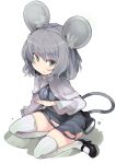  1girl animal_ears blush dress grey_eyes grey_hair grey_legwear hiruma_andon jewelry looking_at_viewer mary_janes mouse_ears mouse_tail nazrin panties pendant shoes short_hair simple_background solo tail thigh-highs touhou underwear white_background zettai_ryouiki 