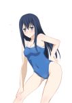  1girl :&lt; akage black_hair blue_eyes blush breasts cleavage competition_school_swimsuit covered_navel flying_sweatdrops gokukoku_no_brynhildr kuroha_neko long_hair one-piece_swimsuit simple_background solo swimsuit 