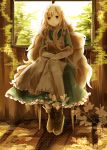  1girl blonde_hair book chair dress highres kagerou_project kinami_mochiko kozakura_mary leaf long_hair plant red_eyes solo 
