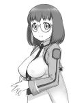  1girl between_breasts breasts bust fingers_together glasses large_breasts mahouka_koukou_no_rettousei monochrome necktie school_uniform shibata_mizuki short_hair solo standing ueyama_michirou 