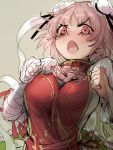  1girl bandages blush breasts double_bun fang geppewi ibaraki_kasen large_breasts looking_at_viewer open_mouth pink_eyes pink_hair revision rough short_hair solo touhou 