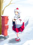  1girl animal_ears blush embarrassed hat highres inubashiri_momiji letter looking_at_viewer orange_eyes pom_pom_(clothes) shirt short_hair silver_hair skirt snow solo tagme tail tokin_hat touhou tree white_shirt winter wolf_ears wolf_tail 