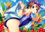  1girl arched_back ass blue_eyes bracelet brown_hair character_request clouds competition_swimsuit copyright_request diving_mask flower hair_ornament hairpin highres jewelry koutaro leaning_forward looking_at_viewer mouth_hold one-piece_swimsuit popsicle short_hair sky solo swimsuit towel wristband 