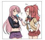  2girls aguda akuma_no_riddle hair_ornament inukai_isuke long_hair multiple_girls pink_hair popsicle redhead sagae_haruki school_uniform skirt thigh-highs translated 