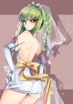  1girl alternate_hairstyle ass back bare_back blush bow braid breasts bridal_veil c.c. choker code_geass dress elbow_gloves from_behind gloves green_hair long_hair looking_back open-back_dress payot shadow shida_(xwheel) single_braid solo tiara veil wedding_dress yellow_eyes 