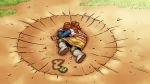  1girl 2012 artist_name blue_shirt boots brown_boots brown_hair crater dated dragon_ball dragon_ball_z green_legwear highres idolmaster kouotsu long_hair lying on_ground on_side parody solo tagme takatsuki_yayoi twintails yamcha_pose 