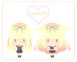  1girl alice4127 blonde_hair blush character_name chibi dual_persona green_eyes hair_ribbon heart kantai_collection long_hair red_eyes ribbon scarf yuudachi_(kantai_collection) 