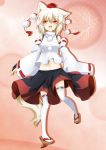  1girl absurdres animal_ears blush breasts detached_sleeves fang happy hat highres inubashiri_momiji leaf looking_at_viewer midriff navel open_mouth orange_eyes pom_pom_(clothes) shirt short_hair silver_hair skirt solo tail tantan021 tokin_hat touhou white_legwear white_shirt wolf_ears wolf_tail 