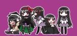  5girls akemi_homura akuma_homura argyle argyle_legwear black_hair braid character_doll dress elbow_gloves fc/efushi glasses gloves hair_ribbon hairband highres kaname_madoka long_hair mahou_shoujo_madoka_magica mahou_shoujo_madoka_magica_movie multiple_girls multiple_persona red_eyes ribbon scared simple_background smile spoilers tagme thigh-highs twin_braids violet_eyes wings 