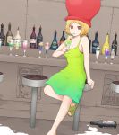  1girl alcohol bar bar_stool blonde_hair bottle breasts brown_eyes cherry cleavage dress drinking dutch_angle english food fruit glass hat highres original personification sandals short_hair solo straw yajirushi_(chanoma) 