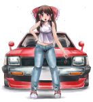  1girl alternate_costume bow breasts brown_hair camisole car contemporary denim hair_bow hair_tubes hakurei_reimu hand_on_hip highres jeans key long_hair looking_at_viewer midriff motor_vehicle navel open_mouth pink_eyes shadow shoes simple_background sneakers solo t.m_(aqua6233) touhou toyota toyota_starlet vehicle white_background 