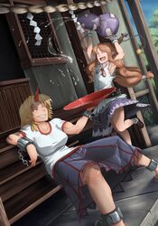  2girls blonde_hair breasts brown_hair chain closed_eyes dutch_angle flat_chest geta gourd grin horn horns hoshiguma_yuugi ibuki_suika large_breasts long_hair low-tied_long_hair multiple_girls pointy_ears red_eyes rope sakazuki shackles shimenawa sitting smile socks touhou whistle_frog wink 