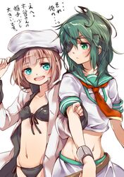  2girls aqua_eyes brown_hair eyepatch female_admiral_(kantai_collection) green_eyes green_hair hat kantai_collection kiso_(kantai_collection) mataichi_mataro multiple_girls personification school_uniform serafuku short_hair translated 