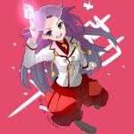  &gt;:d 1girl :d artist_name blouse eight_tohyama hakama japanese_clothes jun&#039;you_(kantai_collection) kantai_collection long_hair looking_at_viewer magatama onmyouji open_mouth personification pink_background purple_hair shikigami signature smile solo spiky_hair twitter_username violet_eyes white_blouse 