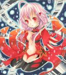  1girl bare_shoulders black_legwear breasts center_opening cleavage detached_sleeves fingerless_gloves gloves guilty_crown hair_ornament hairclip long_hair looking_at_viewer mizame navel open_mouth pink_hair red_eyes shikishi solo thigh-highs traditional_media twintails yuzuriha_inori 